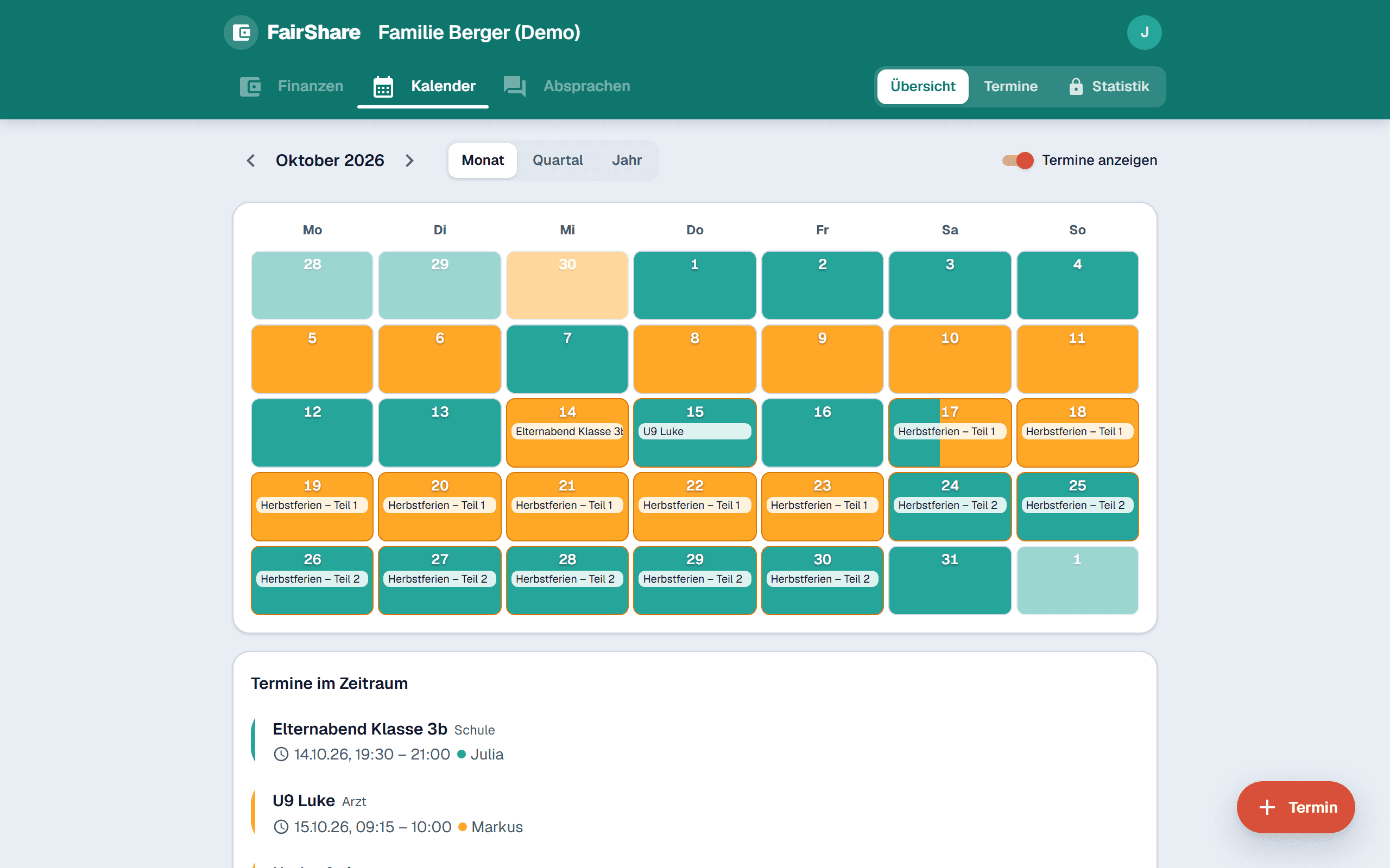 Kalender in FairShare: Monatsansicht mit Betreuungstagen beider Eltern