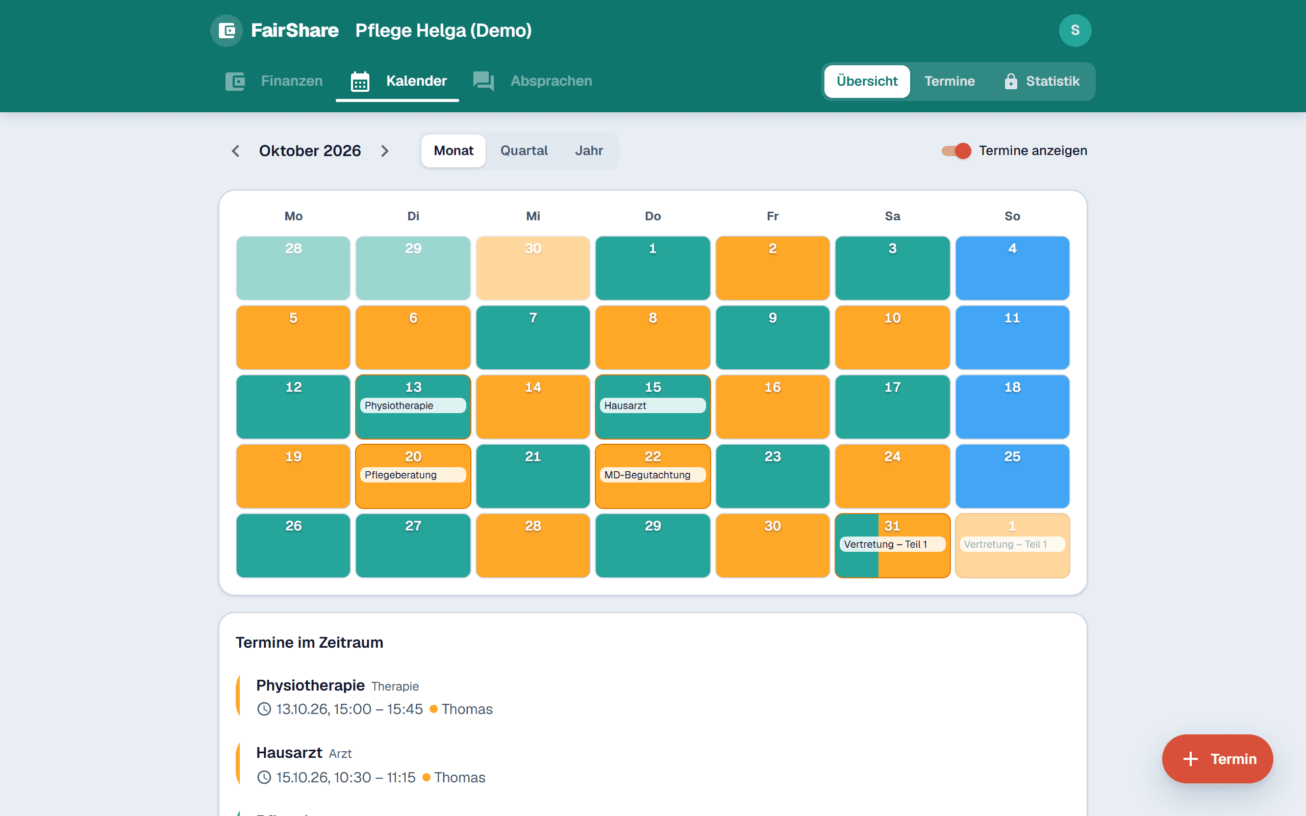 Kalender in FairShare: Monatsansicht mit dem Pflegeplan aller Beteiligten